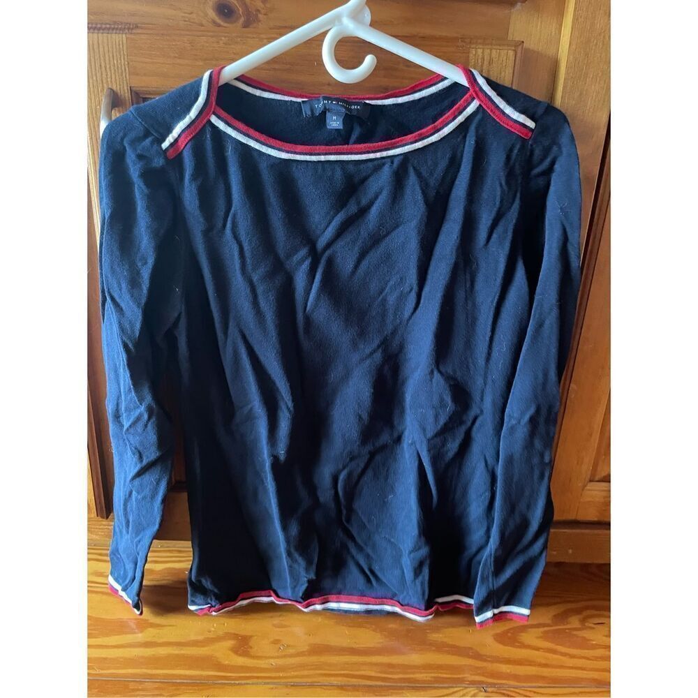 Tommy Hilfiger womens long sleeve blouse, navy blue with multi color trim, Mediu